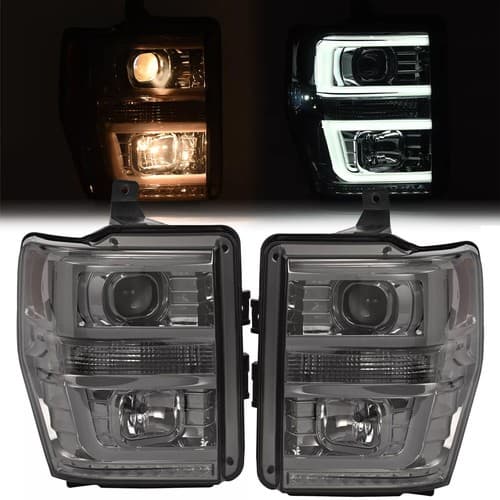 Fits Ford F250 F350 F450 F550 2008-2010 Black Smoke Projector Headlights LED Bar