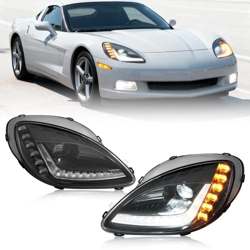 For Chevy Corvette C6 2005 2006-2013 Pair Sequential LED Projector Headlights